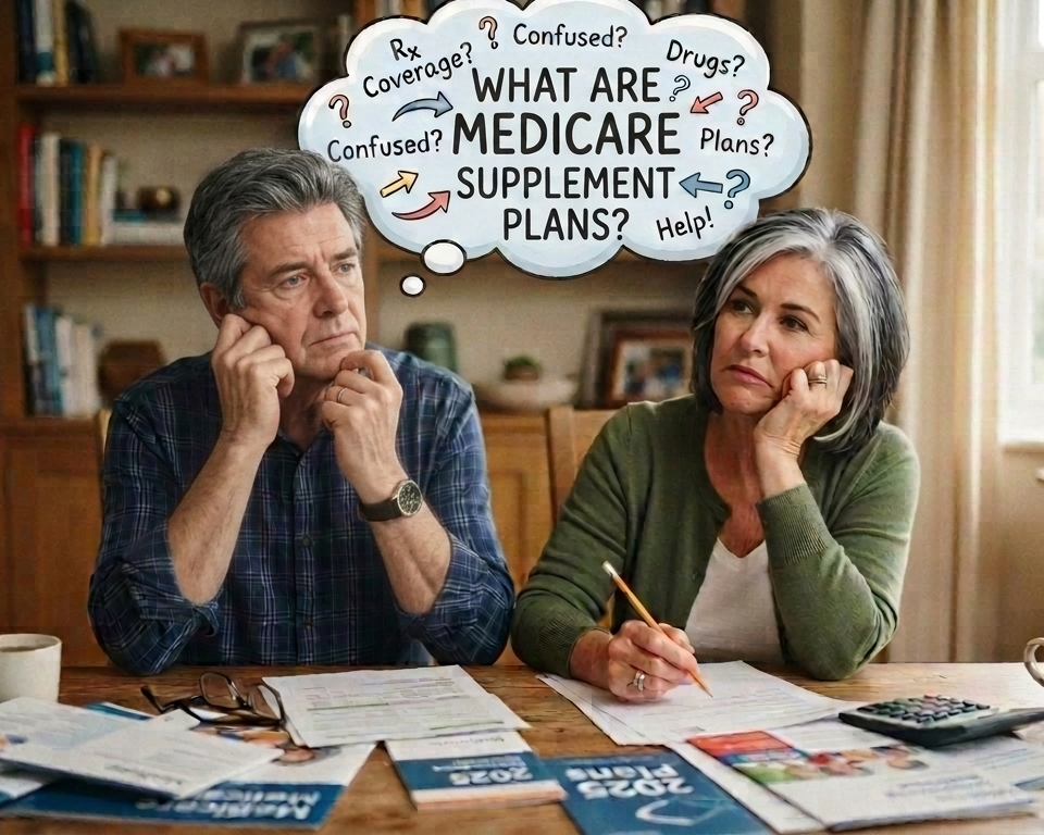 Couple reviewing Medicare Supplement (Medigap) plan options and learning how Medigap helps pay out-of-pocket costs not covered by Original Medicare.