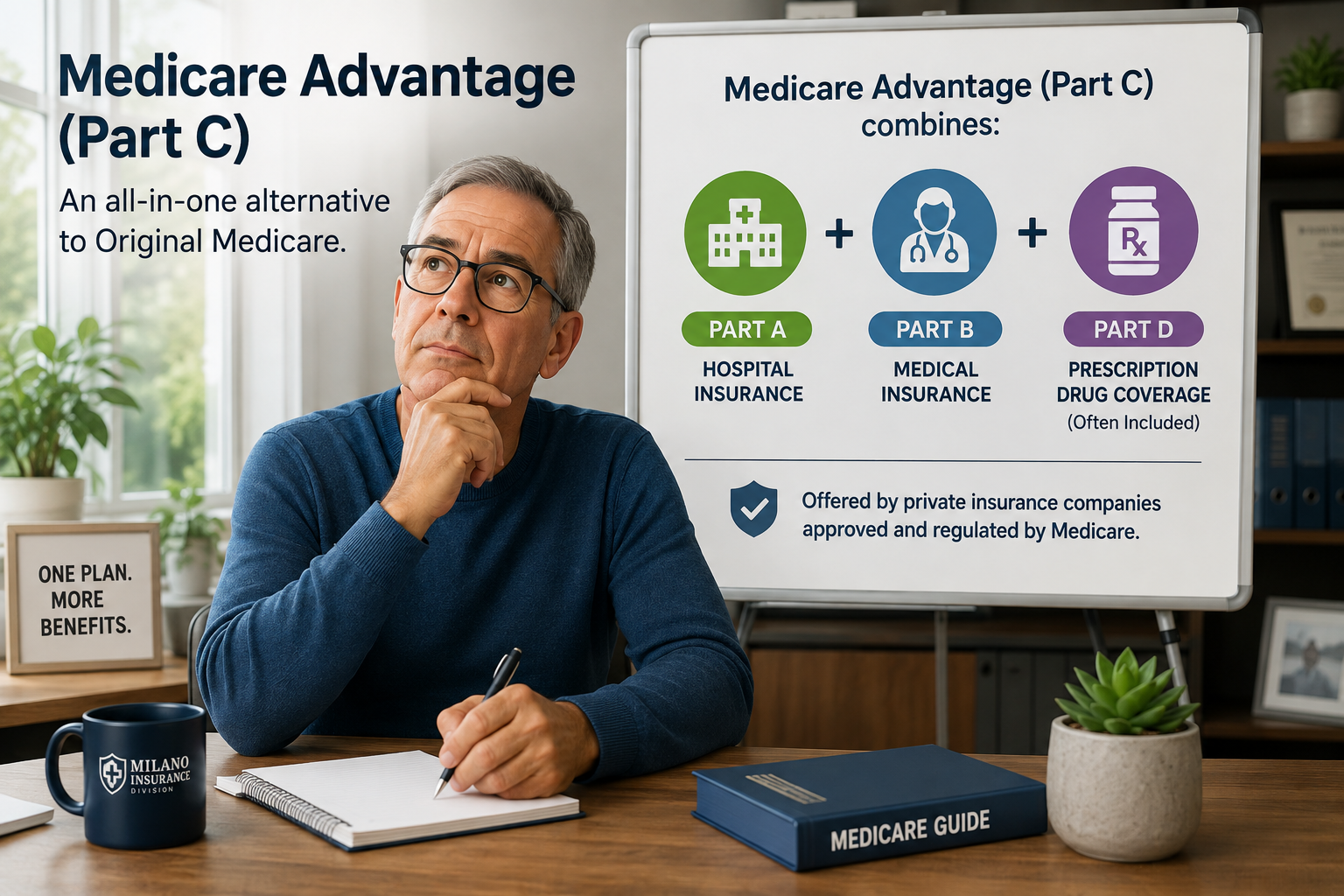 Person learning how Medicare Advantage (Part C) combines Medicare Part A, Part B, and often Part D into one Medicare-approved private health insurance plan